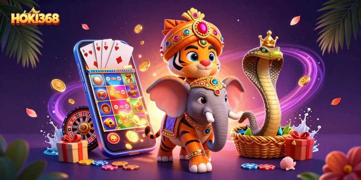 Experience the excitement of HOKI368 with vibrant casino elements in a dynamic illustration.
