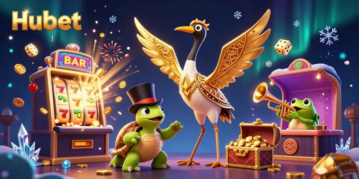 Spin and win with Hubet at an extravagant casino scene filled with vibrant characters and exciting game elements.