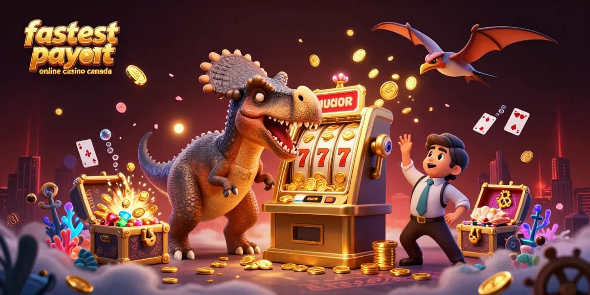 Win jackpot coins at the fastest payout online casino Canada with a pachycephalosaurus headbutting a slot machine.