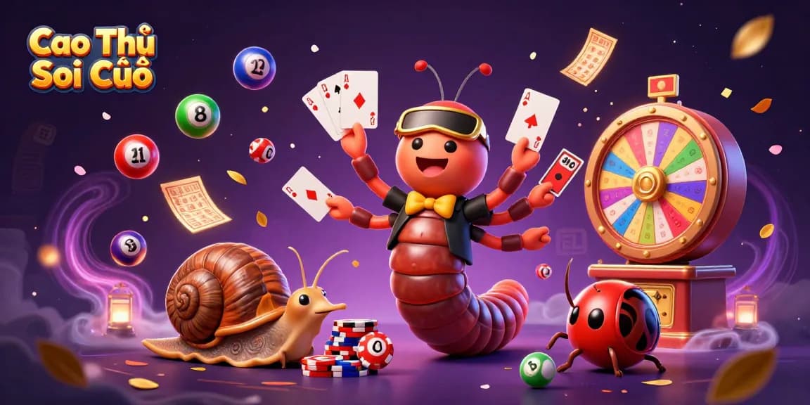 Cao Thủ Soi Cầu showcases a lively 3D scene with a millipede dealer, snail high-roller, and pill bug celebrating a lottery game.