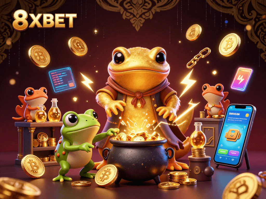 Engage in thrilling games at 8XBET with a magical casino scene featuring alchemists crafting gold.