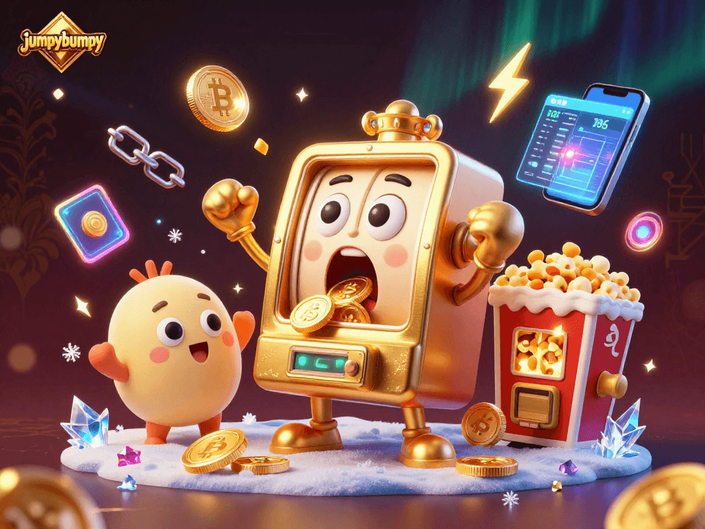Experience the jumpybumpy jackpot excitement with a golden slot machine pouring coins and cheering characters!