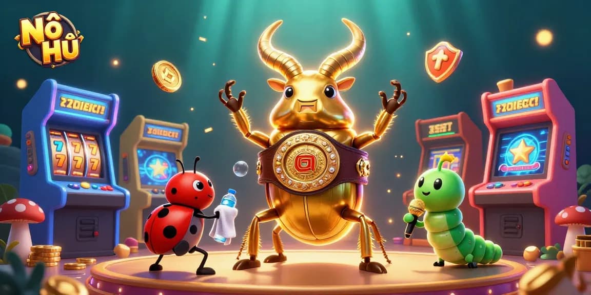 Nổ Hũ showcases a colorful casino scene with a giant golden stag beetle and vibrant gaming elements.