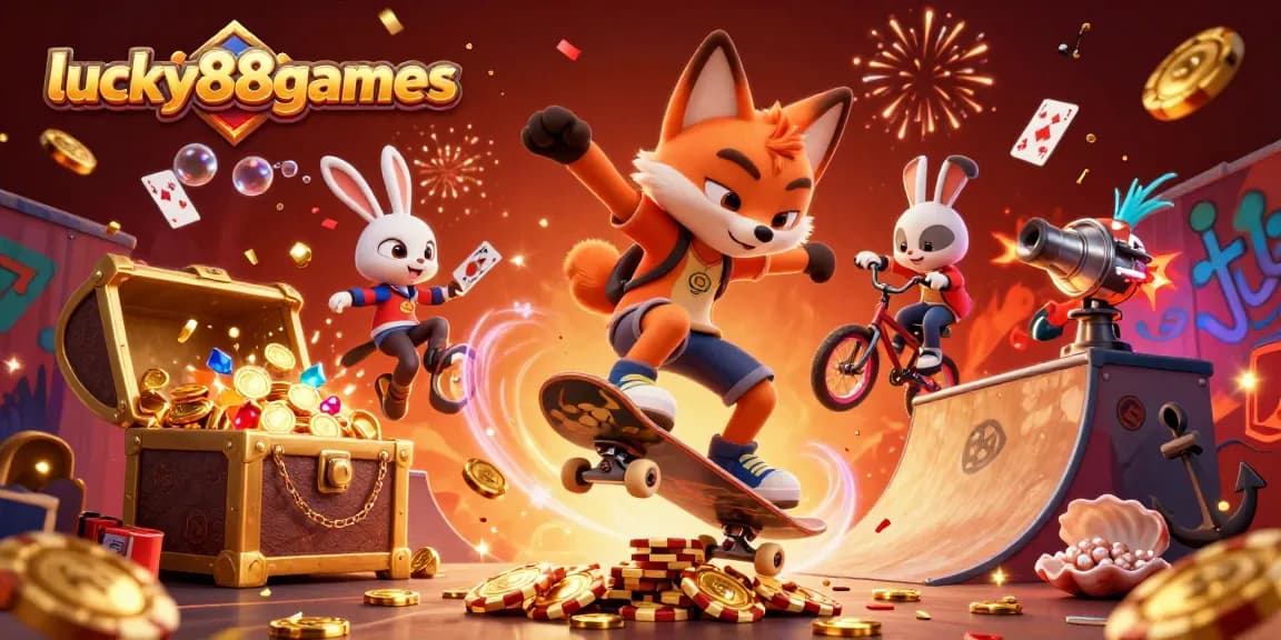 Engage with lucky88games by seeing a skateboarder fox and BMX rabbit in an action-packed casino-themed scene.