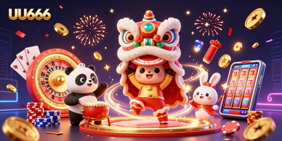 Experience thrilling games at UU666 with vibrant lion dance, playful characters, and festive casino elements.