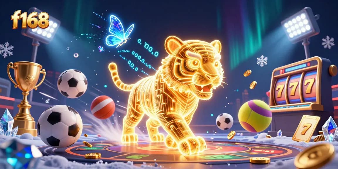 Experience thrilling casino action with f168's dynamic digital landscape filled with sports elements and a radiant tiger.