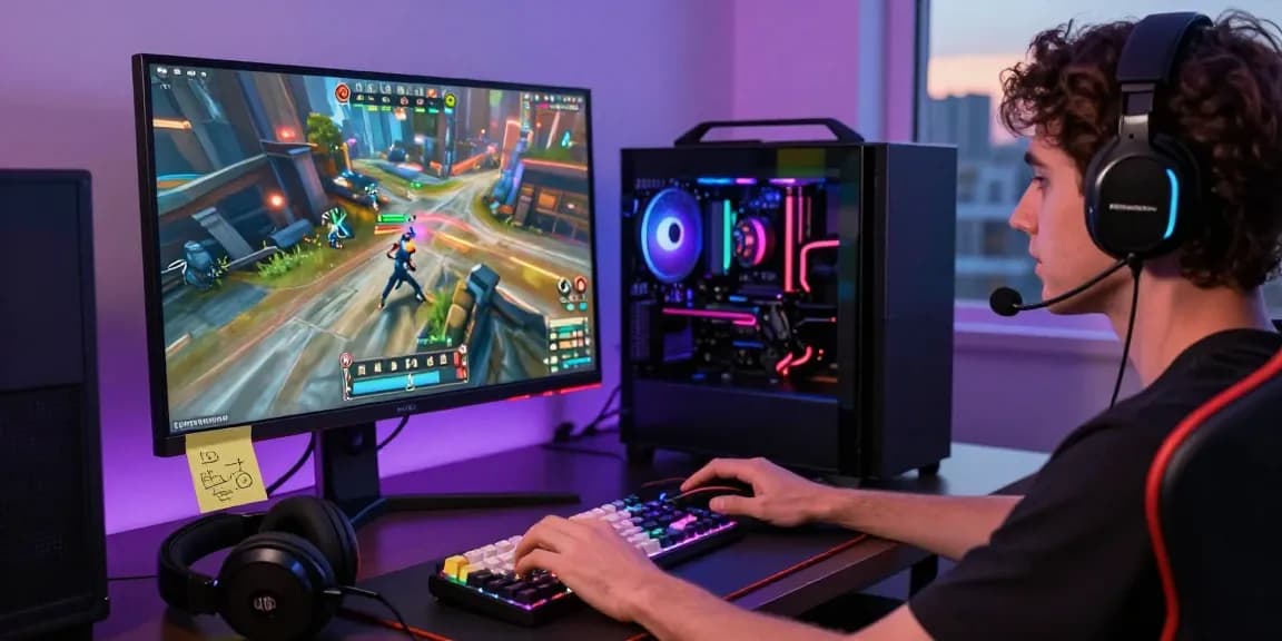 Engaged player enjoying rikvip online gaming experience on a colorful desktop setup with ambient lighting.