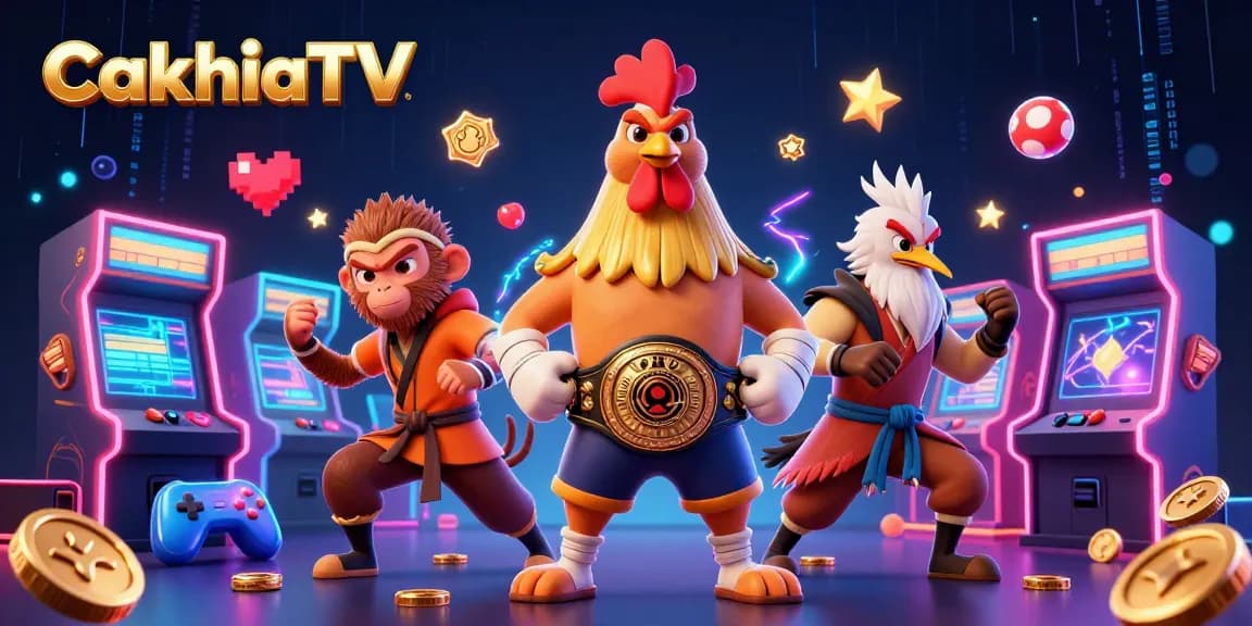 CakhiaTV's electrifying illustration showcases a fierce rooster and martial artists in a vibrant casino scene.