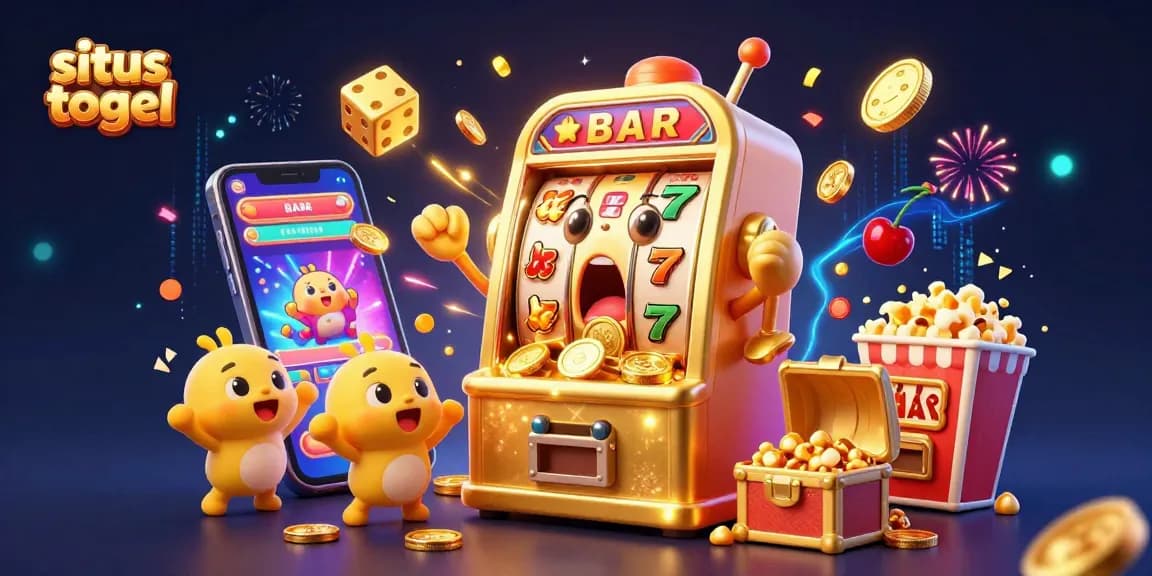 situs togel showcases a joyous 3D slot machine winning a jackpot amidst a vibrant, dynamic casino scene.