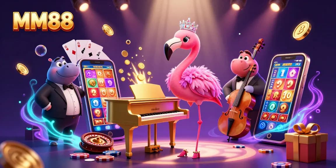 Experience the vibrant casino atmosphere with MM88, featuring lively characters and gaming elements.