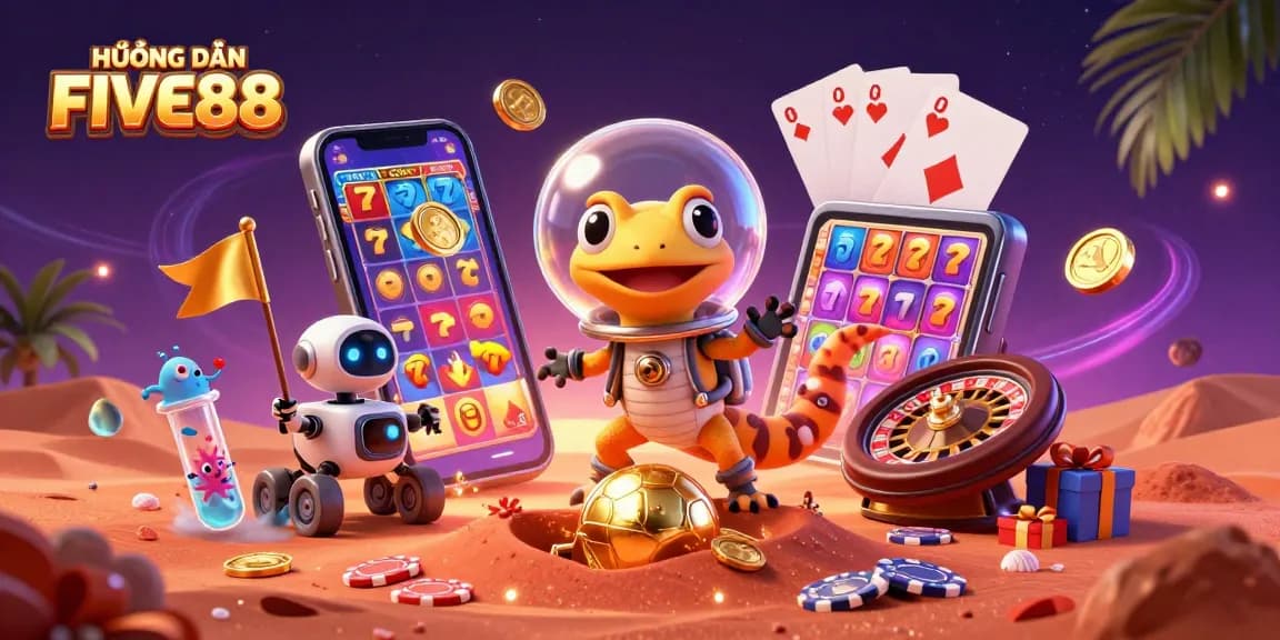 Experience "HƯỚNG DẪN FIVE88" through a thrilling Martian casino adventure filled with vibrant game elements.