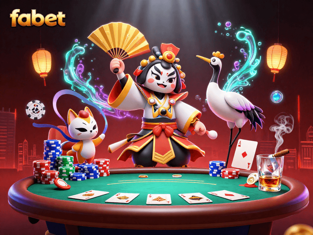 Play cards and strategize with fabet in a vibrant 3D casino scene.
