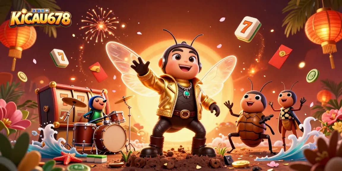 KICAU678 presents a dynamic casino scene with cartoon characters and vibrant gaming elements.