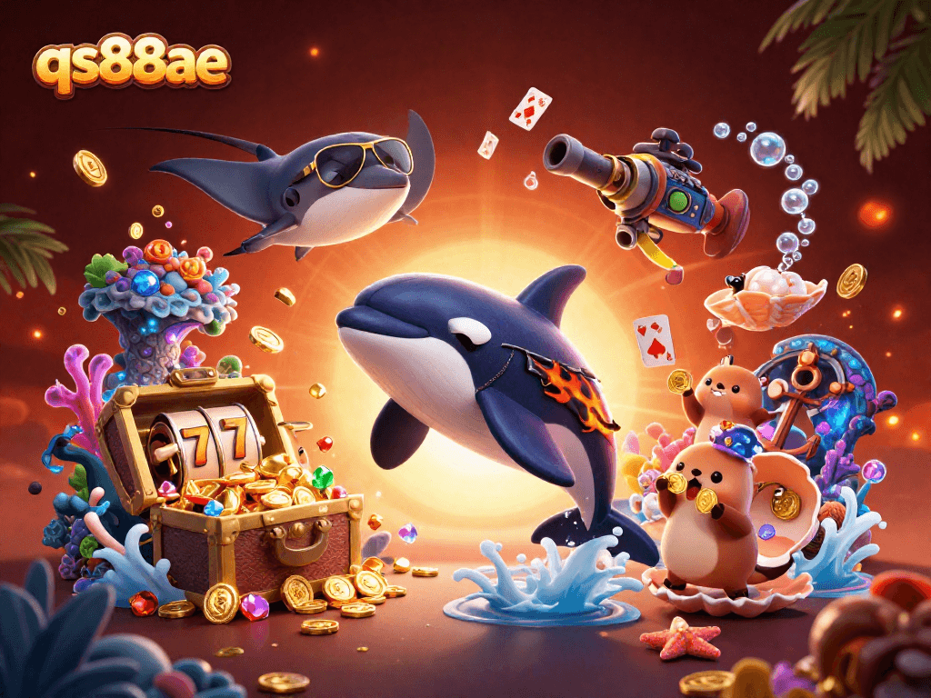 Engage with exciting gameplay at qs88ae featuring orca whale and otters celebrating wins amidst vibrant casino elements.