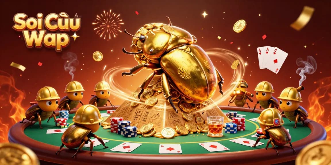 Soi Cầu Wap showcases a dynamic scene with a massive golden dung beetle rolling coins, poker chips, and celebratory elements.