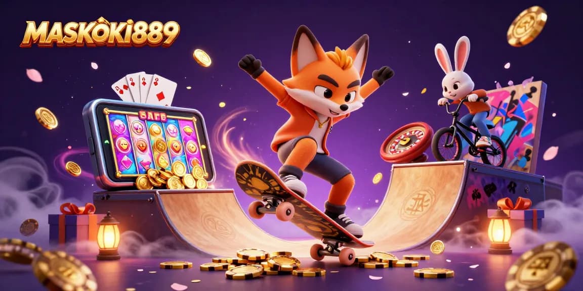 Engage with MASKOKI889's vibrant slot games surrounded by 3D casino characters and dynamic action.