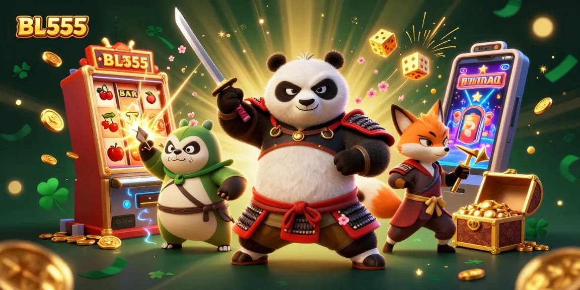Experience thrilling gaming at BL555 with samurai panda and ninja fox amid jackpot excitement.