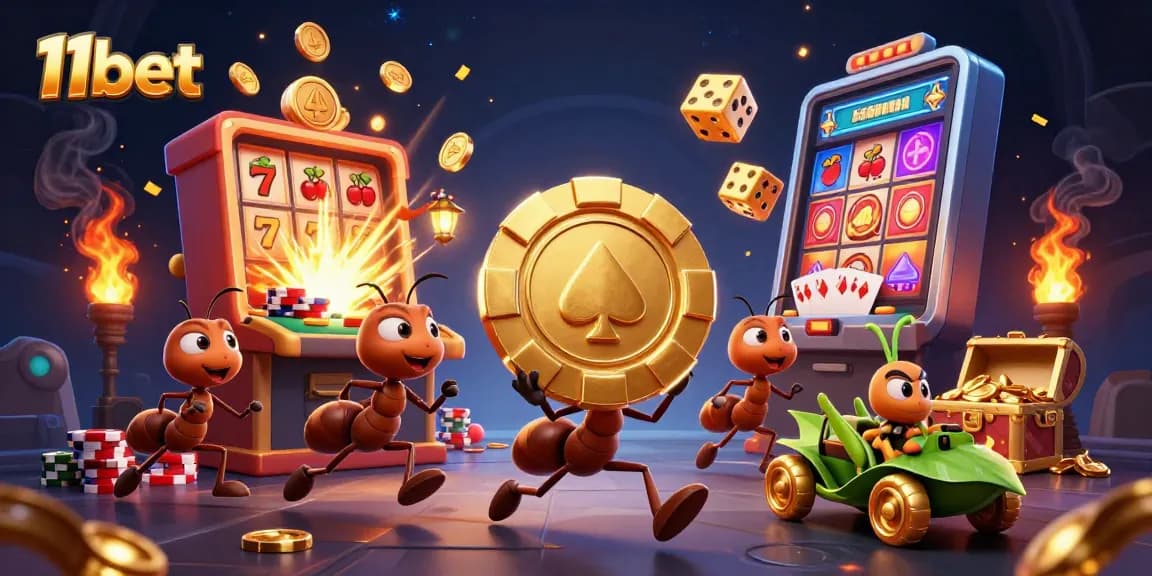 Engage in thrilling action with 11bet's cartoon heist featuring ants, poker chips, and jackpot symbols.