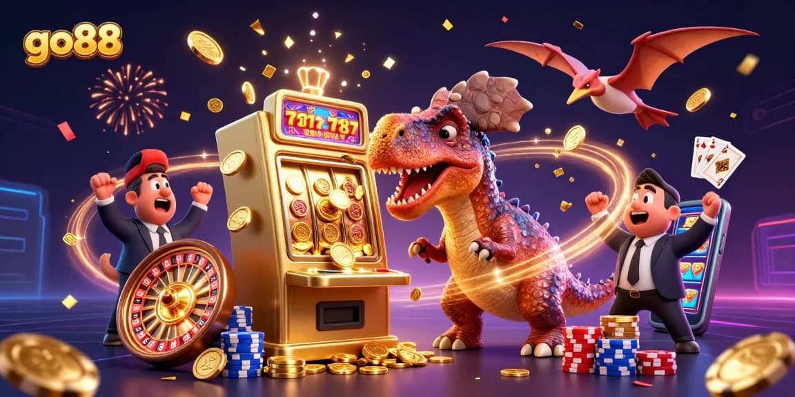 go88 showcases a vibrant scene where a pachycephalosaurus triggers a jackpot from a golden slot machine.