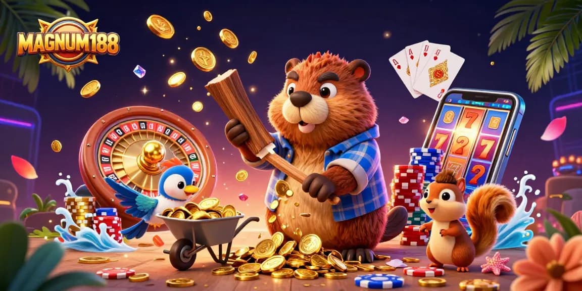 Play big with MAGNUM188 as a beaver chops a tree raining gold coins in a vibrant casino scene.