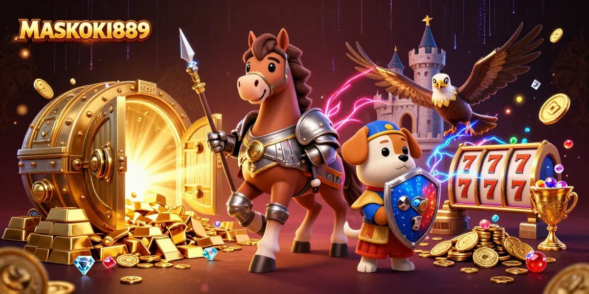 Engage in thrilling wins with MASKOKI889 as slot reels, treasures, and medieval heroes unite in a vibrant 3D scene.