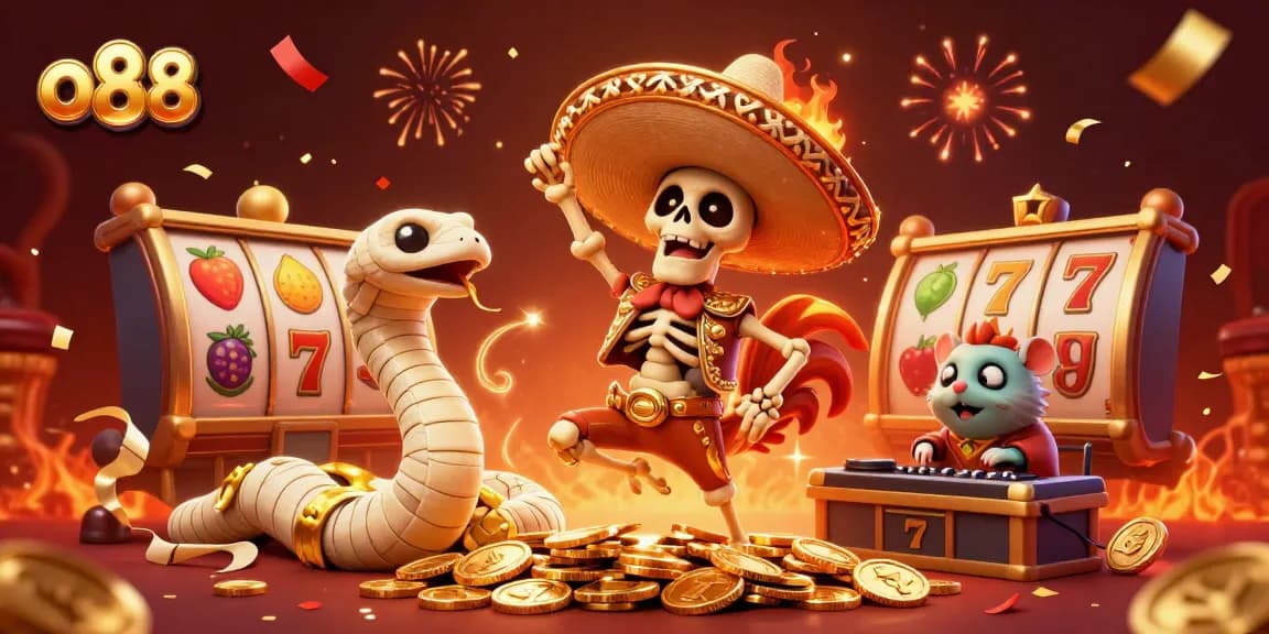 Experience the excitement of o88 as a mariachi rooster celebrates wins amidst gold coins and slot game elements.