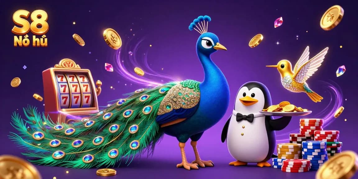 S8 Nổ hũ presents an exciting scene with vibrant characters and festive casino elements, showcasing thrilling game play.