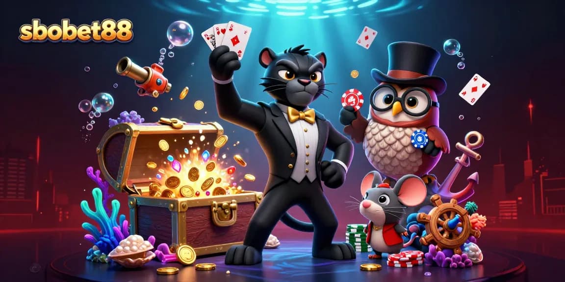Experience sbobet88 action with a stylish black panther and charming characters at a vibrant casino scene.