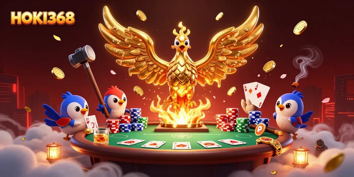 Engage in thrilling casino action with HOKI368's molten phoenix and poker chips!