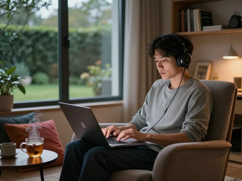 Engaging in free AI sex chat on a laptop in a cozy home office.