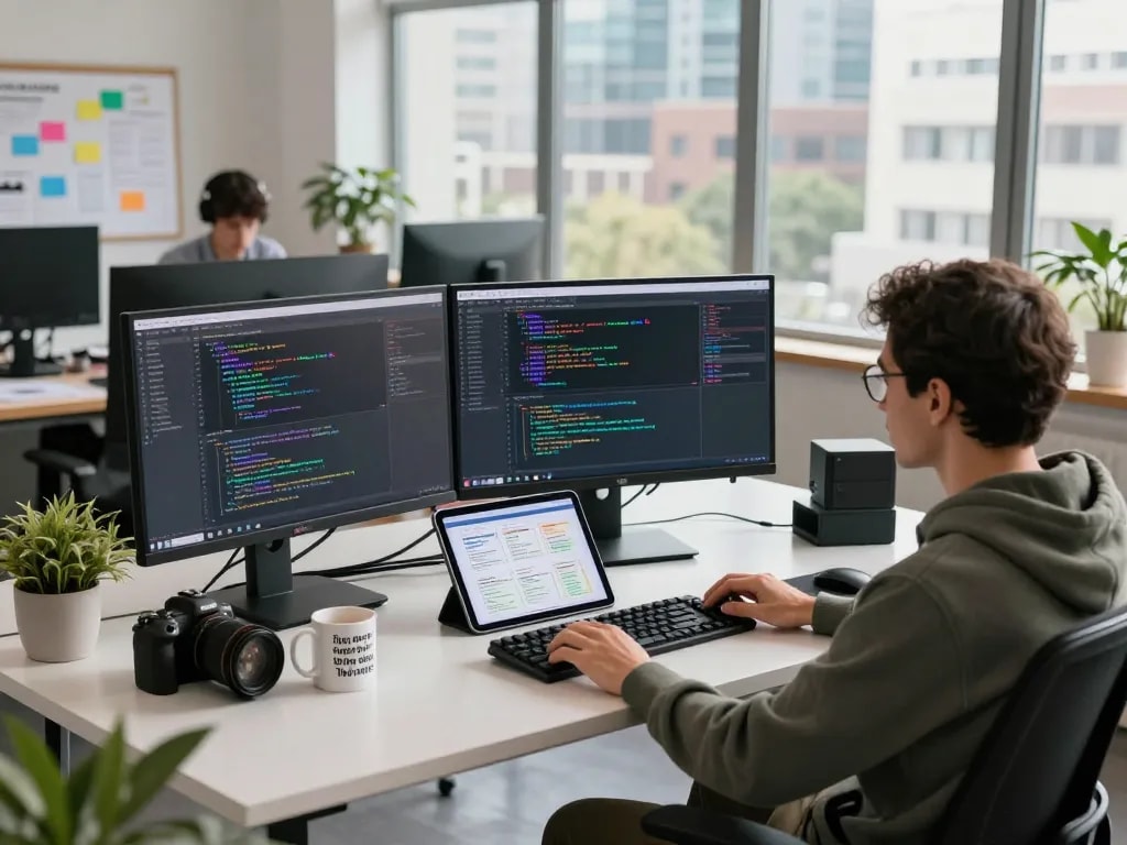 Engineer's workspace featuring hbet coding environment with monitors, gadgets, and city view.