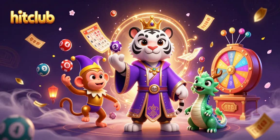 Join the excitement at hitclub with vibrant poker chips and lottery balls on a dazzling casino scene.