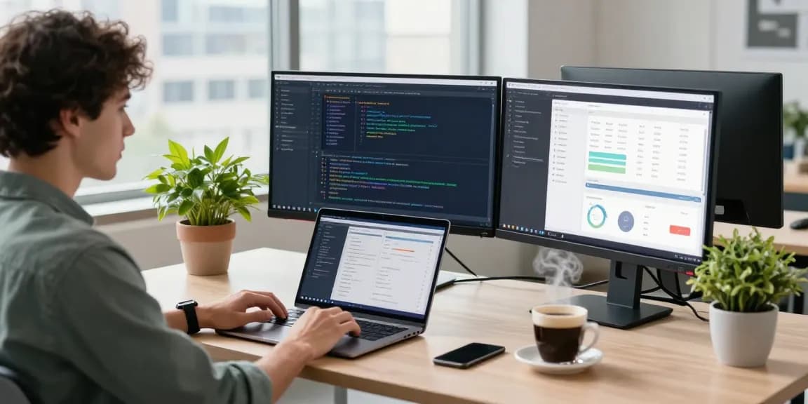 快连 software developer at a modern workspace, showcasing coding and analytics on dual monitors, conveying a productive atmosphere.