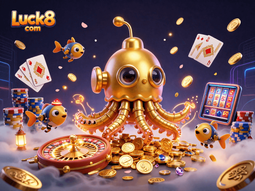 Engage in thrilling adventures at Luck8 com with a dynamic 3D cartoon casino scene featuring a golden kraken and colorful poker chips.
