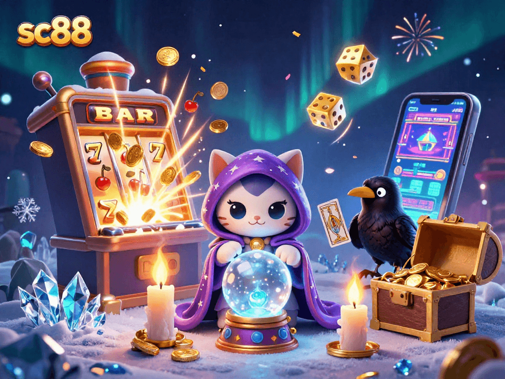 Experience thrilling games at sc88 with vibrant visuals of slot machines and enchanting characters.