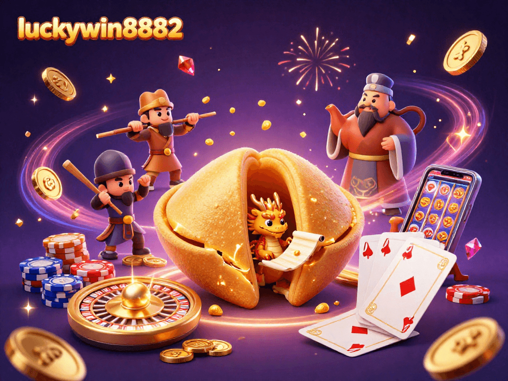 Engage with rich visuals showcasing luckywin8882's exciting casino games and fortune-themed elements.