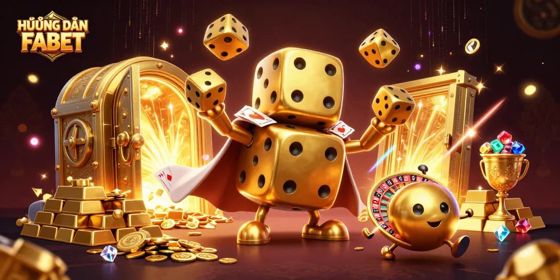 HƯỚNG DẪN FABET showcases vibrant casino elements with golden treasures and playful characters.