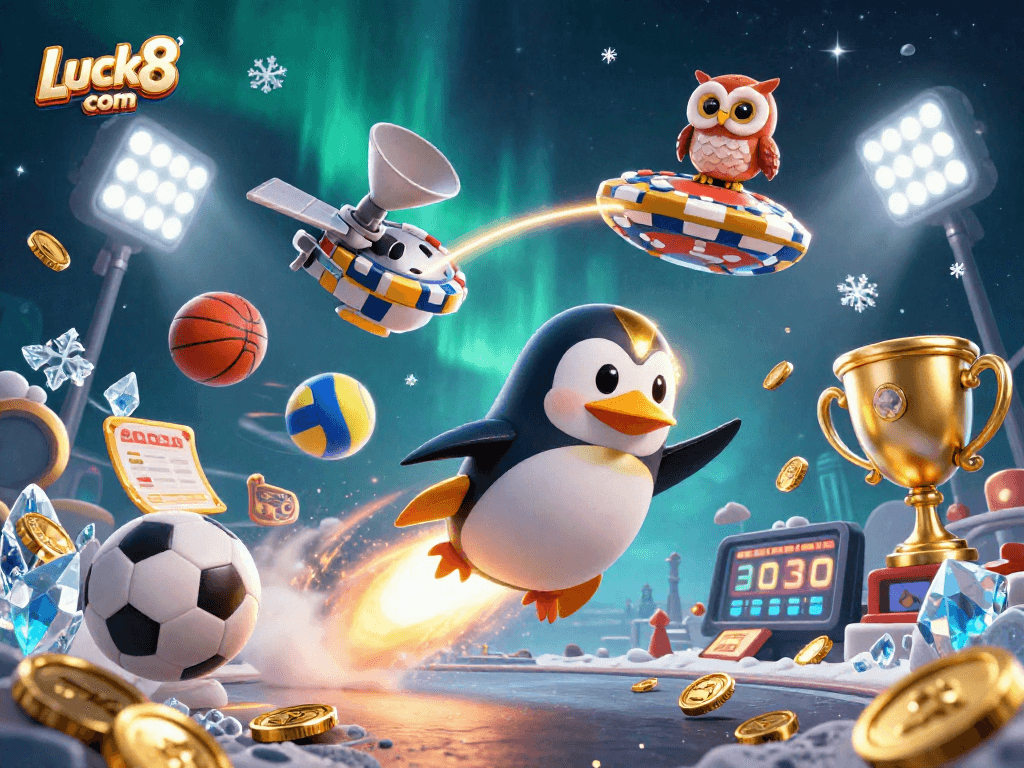 Bet on Luck8 com with dynamic casino excitement from a golden penguin launching through a casino space hub.