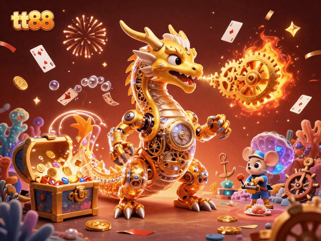 Experience the thrill of tt88 with a magical dragon and vibrant gaming elements in a dynamic illustration.