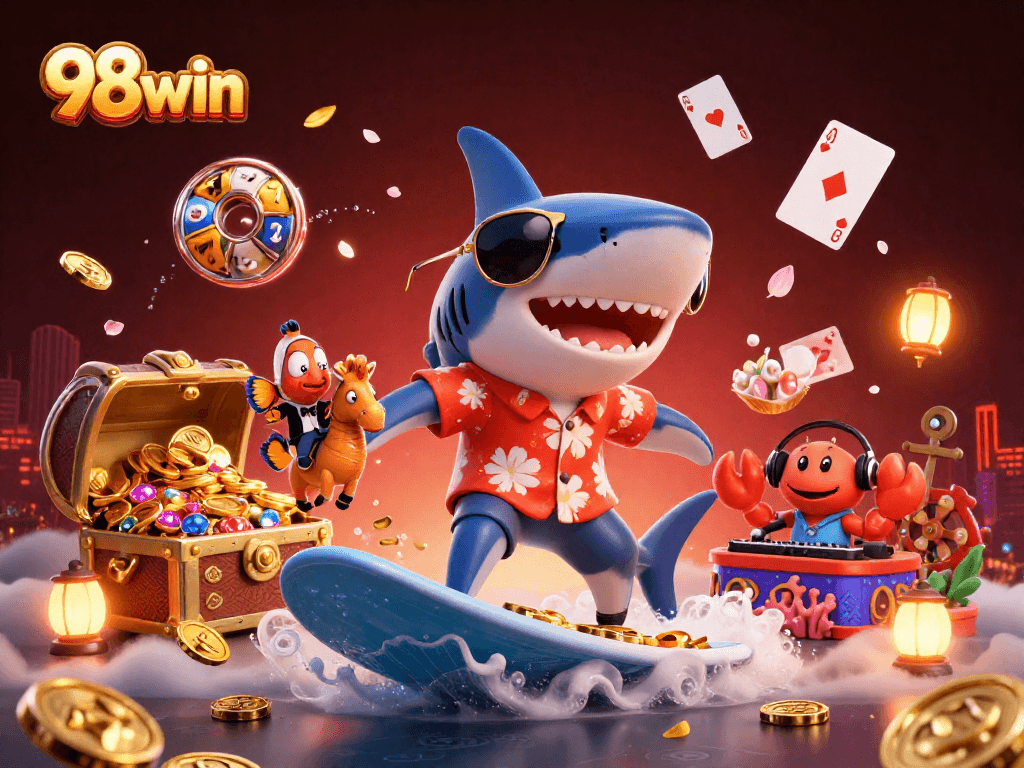 Join the excitement at 98win with a vibrant and dynamic 3D casino scene full of treasures.