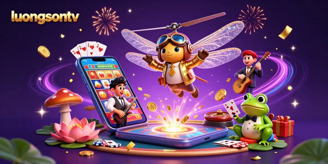 luongsontv showcases an animated gaming scene with captivating characters, vibrant slot games, and frog dealers.