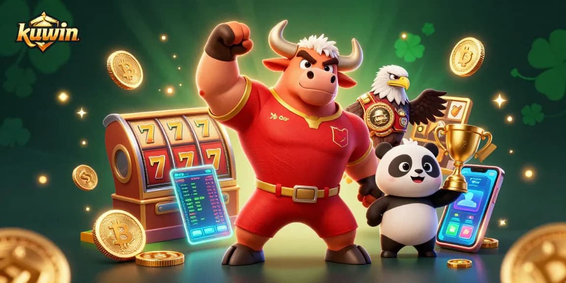 Experience excitement with kuwin as a muscular bull celebrates victory amid vibrant slot reels.