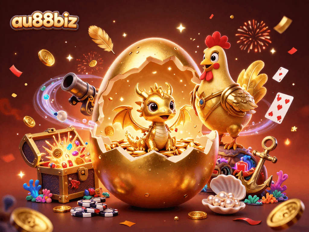 Join the excitement at au88biz as the golden dragon guards its treasure of poker chips and shimmering gems!