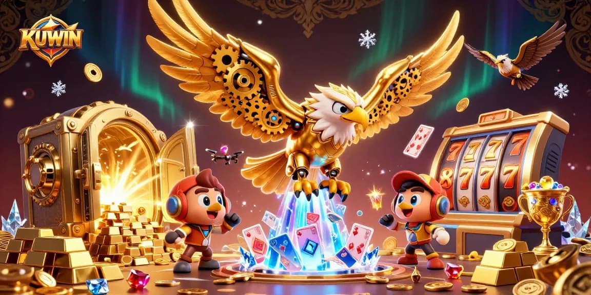 Engage in thrilling casino action with KUWIN's 3D eagle soaring through vibrant holographic cards, jackpot reels, and treasure effects.