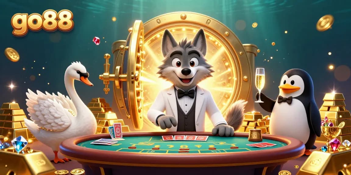 Play stylish baccarat at go88's casino with a debonair wolf, elegant swan, and sophisticated penguin.