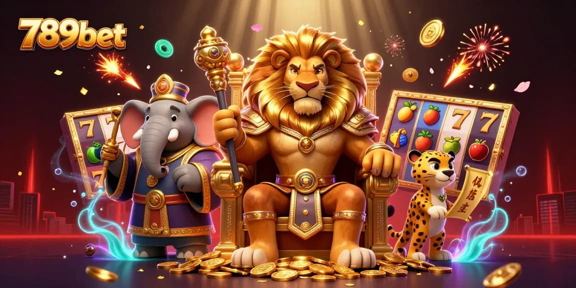 Experience the excitement of 789bet through a vibrant 3D casino illustration featuring majestic characters and slot elements.