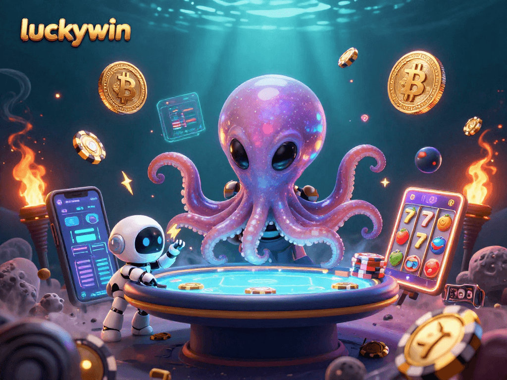 Engage with luckywin's thrilling slots experience featuring vibrant octopus and poker table.