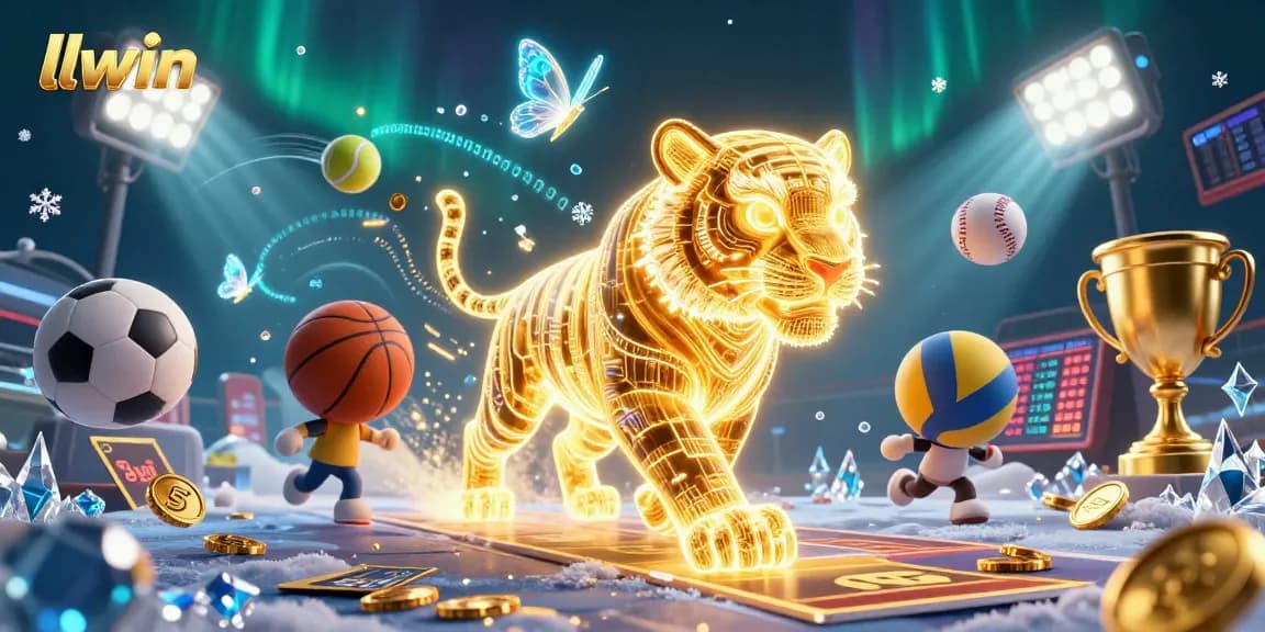 llwin showcases an interactive 3D casino scene with vibrant sports elements and dynamic golden tiger.