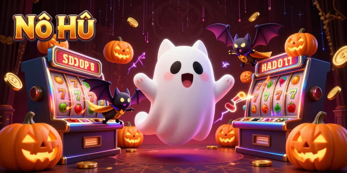 Experience Nổ Hũ excitement with a ghost cat, jackpot reels, and glowing jack-o-lanterns in a vibrant casino scene.