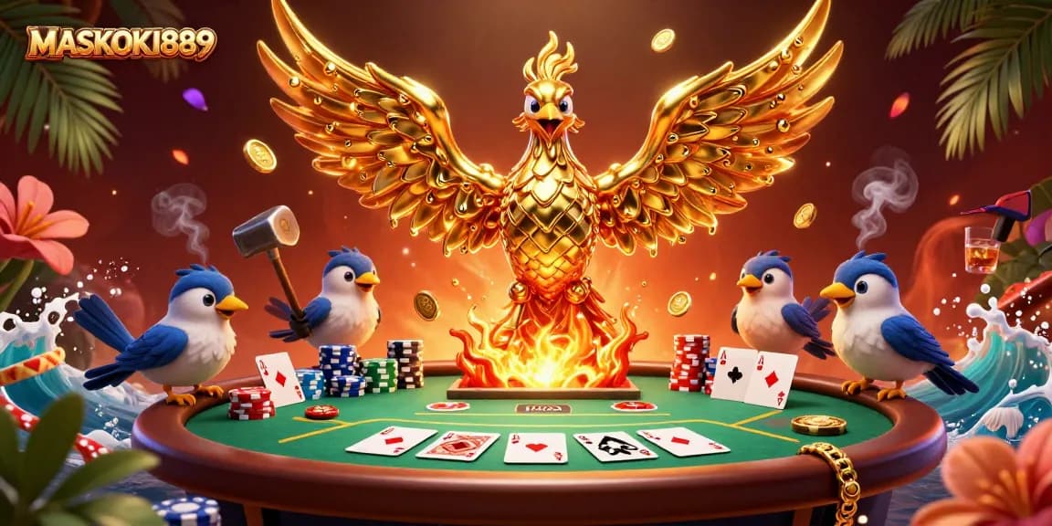 Engage with the immersive GAMING experience at MASKOKI889 featuring a golden phoenix and poker elements.